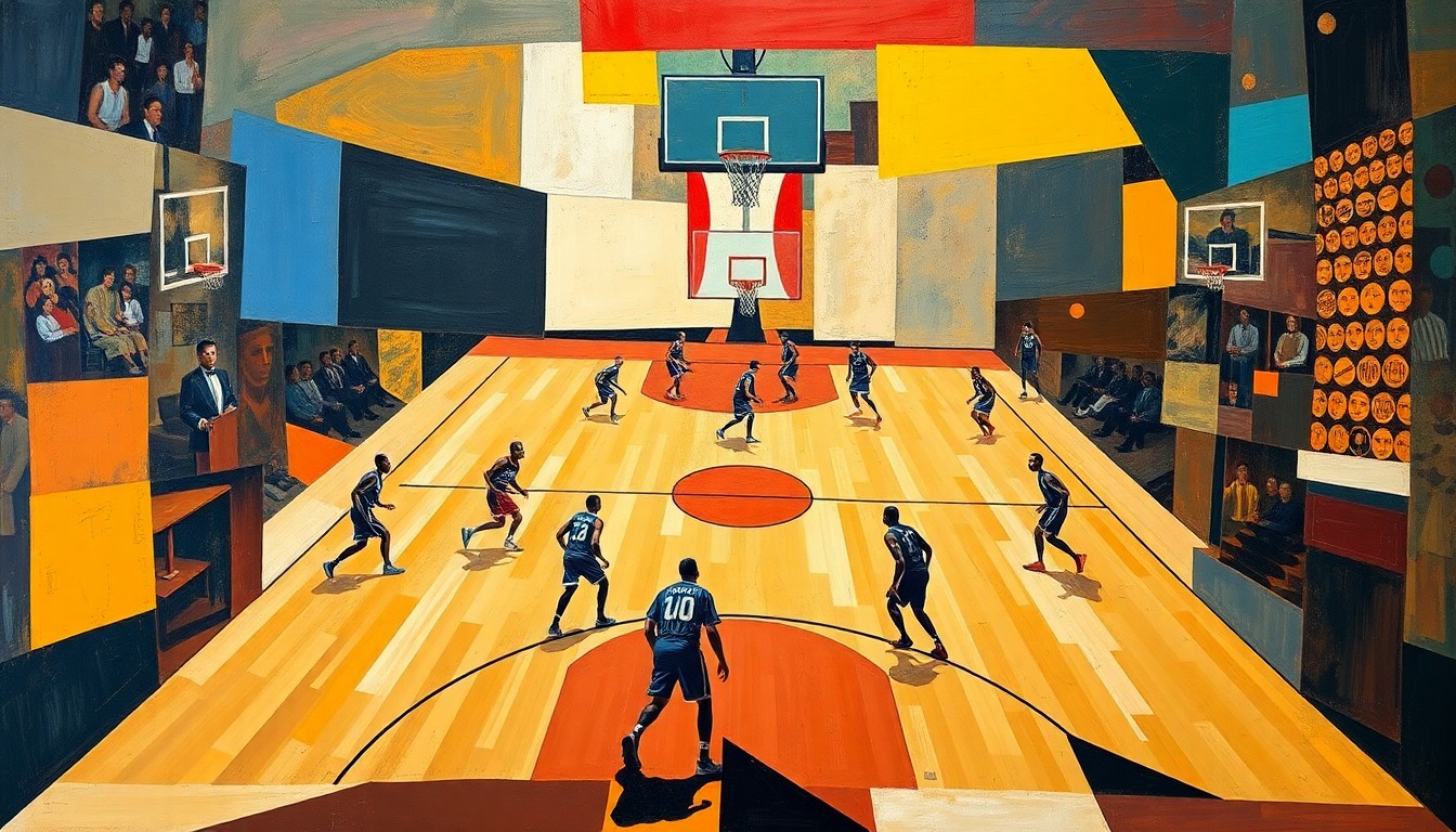 A fragmented, abstract painting in the cubist style depicts a basketball game or match broken down into sharp, overlapping geometric shapes and planes of color, conveying the disruptive impact of the Luka Doncic trade.