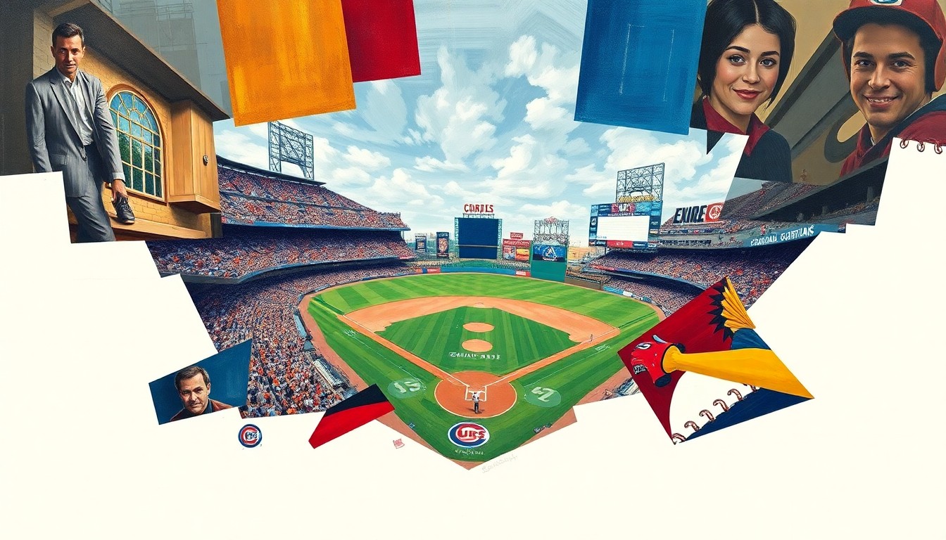 A fragmented, geometric painting depicting a baseball game in motion, with sharp planes of color and form representing the dynamic interplay between the Cubs' batters and Guardians' pitcher.