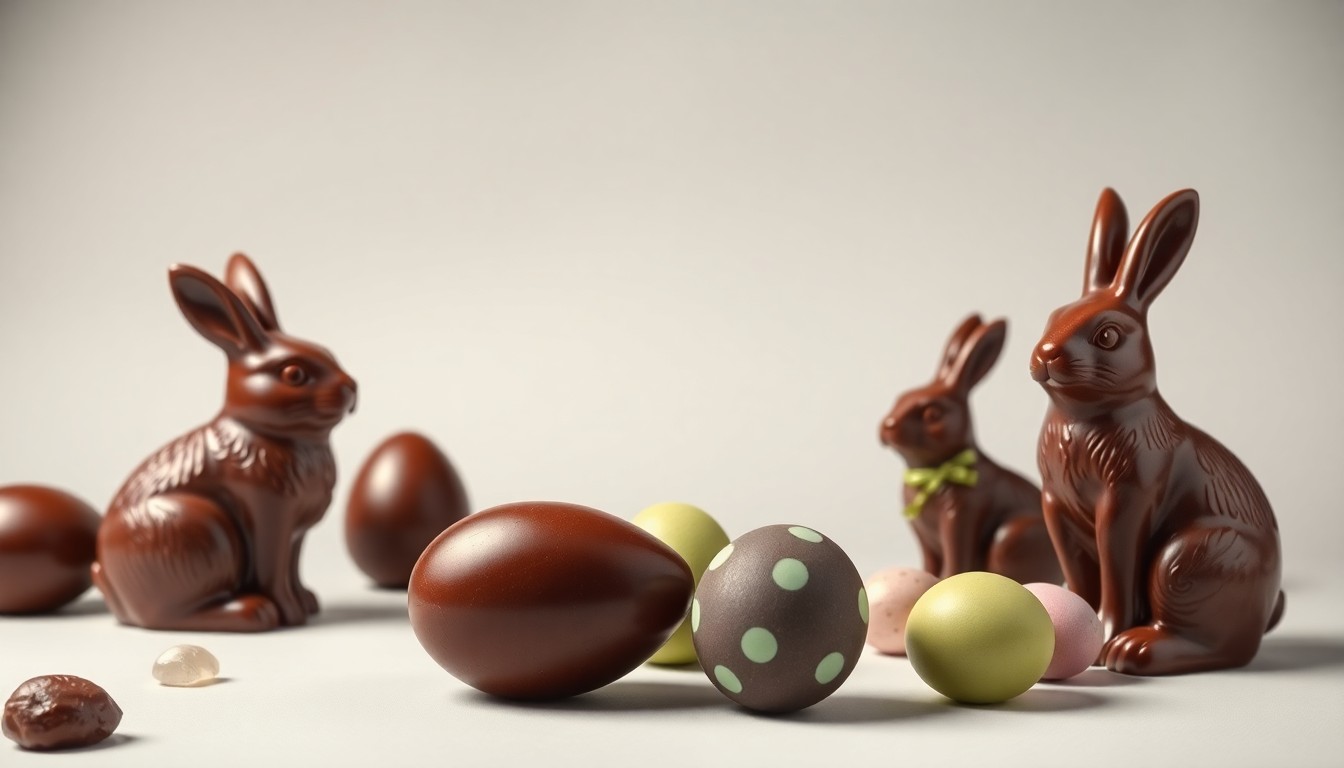 A high-end studio still life photograph featuring a selection of shiny, polished chocolate Easter eggs and bunnies arranged elegantly on a clean, white background, conceptually representing the artisanal quality and family tradition of a local candy shop.
