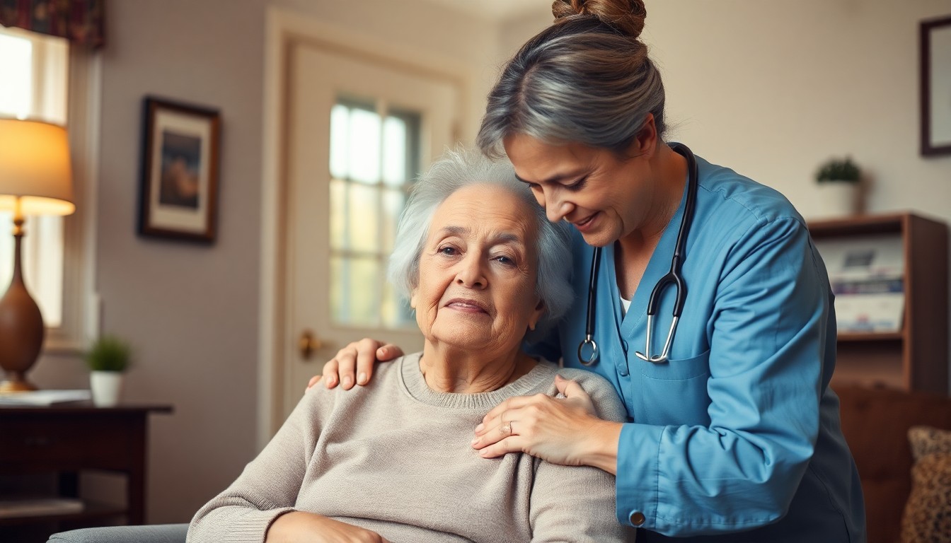 An abstract, out-of-focus photograph in soft, warm tones depicting an elderly person being assisted by a caregiver, conveying a sense of comfort and compassion in the home care setting.