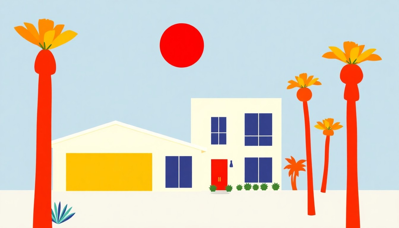 An abstract geometric illustration using simple shapes and primary colors to convey the concept of declining home sale prices in the Palm Springs area.