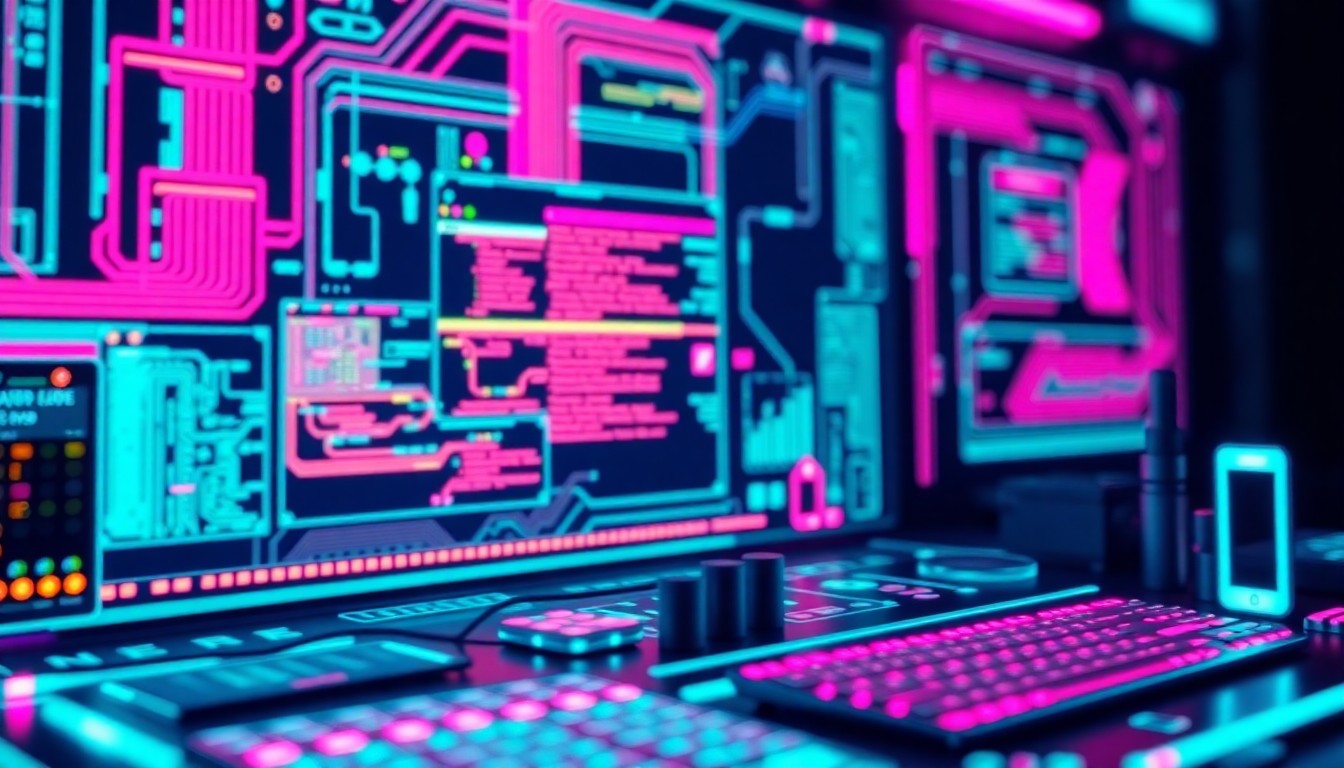 A highly detailed, glowing 3D macro illustration of a futuristic AI-powered software development interface, with neon cyan and magenta lights illuminating the various digital components, conceptually representing the technological transformation underway at Meta.