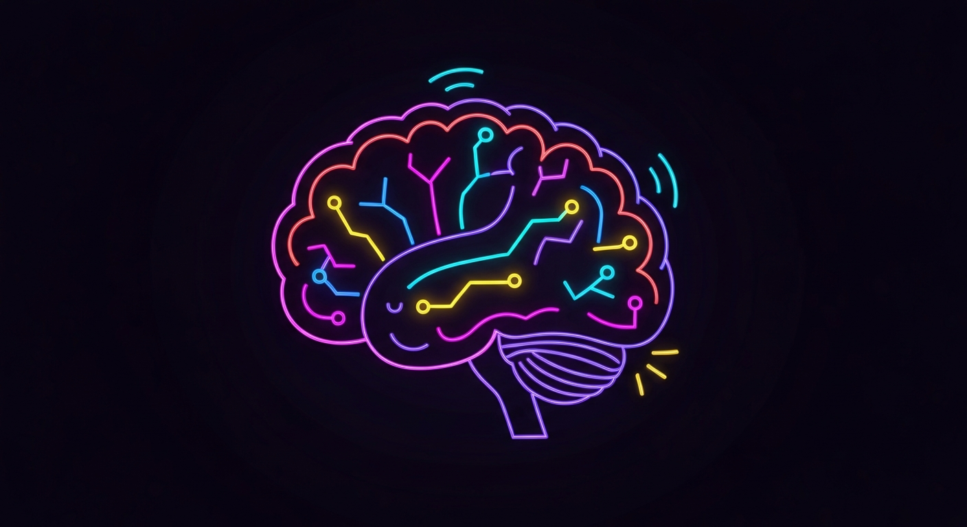 A minimalist illustration in neon lines depicting the internal structures of the brain, conceptually representing the neurological condition of hemispatial neglect where the brain ignores half of a person's reality.