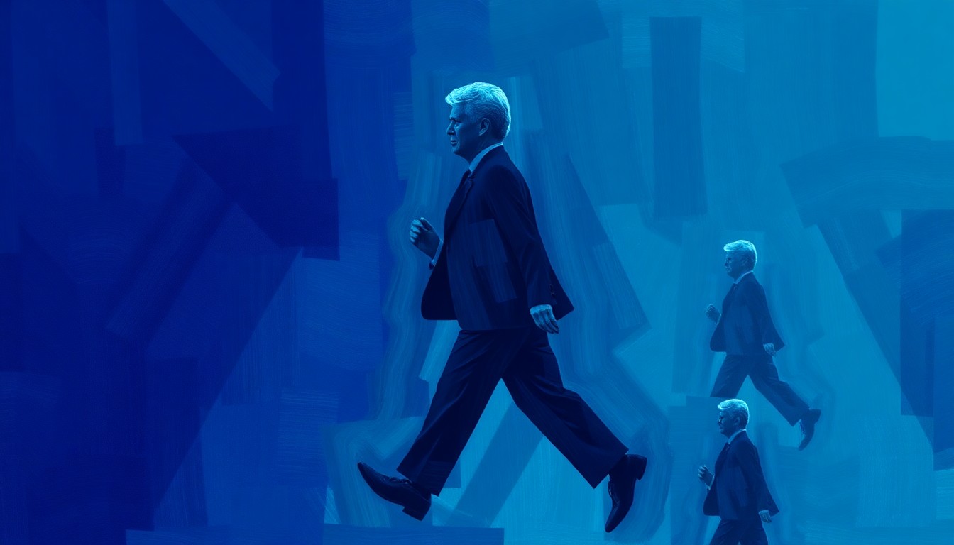 A dynamic, abstract painting featuring the overlapping, fragmented silhouette of a government official in motion, rendered in shades of blue, teal, and violet, conceptually representing the tensions and divisions within the political sphere.