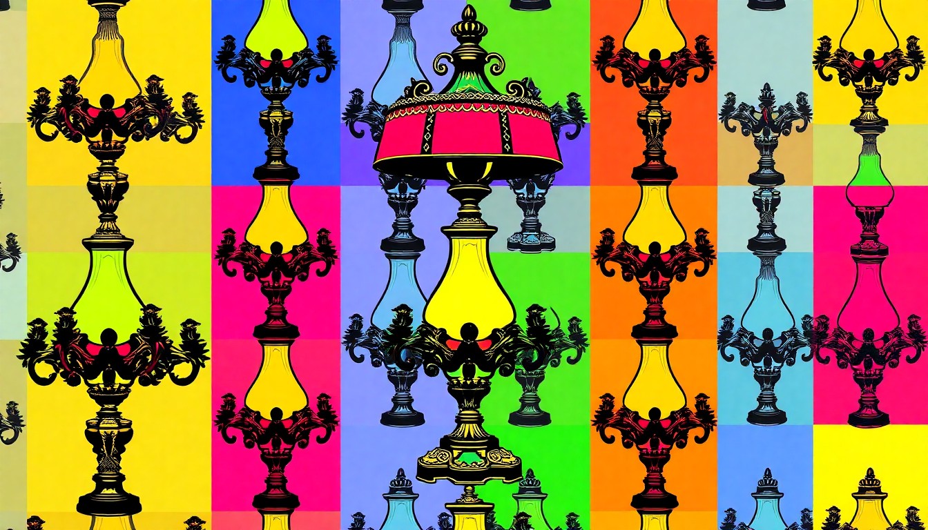 A bold, colorful silkscreen illustration featuring a repeating pattern of an ornate antique lamp, conceptually representing the high-end design and luxury shopping experiences found along West Palm Beach's Antique Row.
