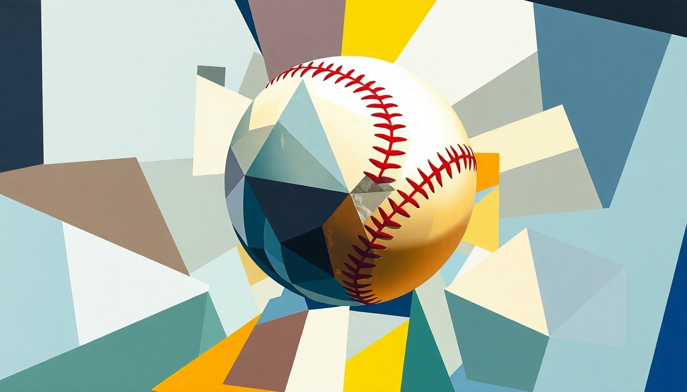 A fractured, multi-perspective painting depicting a baseball in mid-air, broken down into sharp, overlapping geometric planes of color, with the ball appearing to bounce off the head of a player.