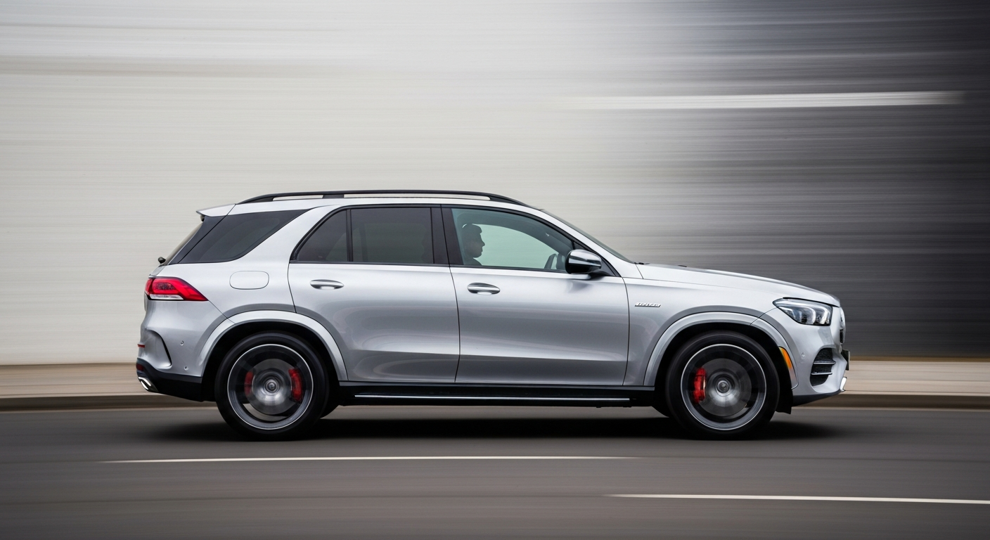 A dynamic, abstract color photograph depicting the blurred, sweeping motion of a Mercedes SUV, conveying a sense of speed, power, and modern engineering.