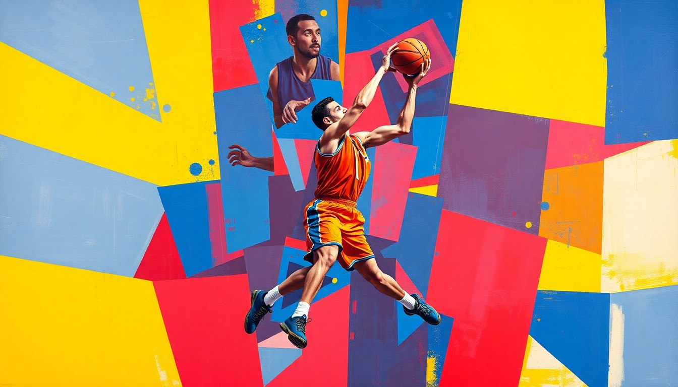 A cubist-style painting featuring fragmented, geometric shapes in shades of red, blue, and yellow, conceptually representing the disruption and challenges faced by a basketball player dealing with injuries.