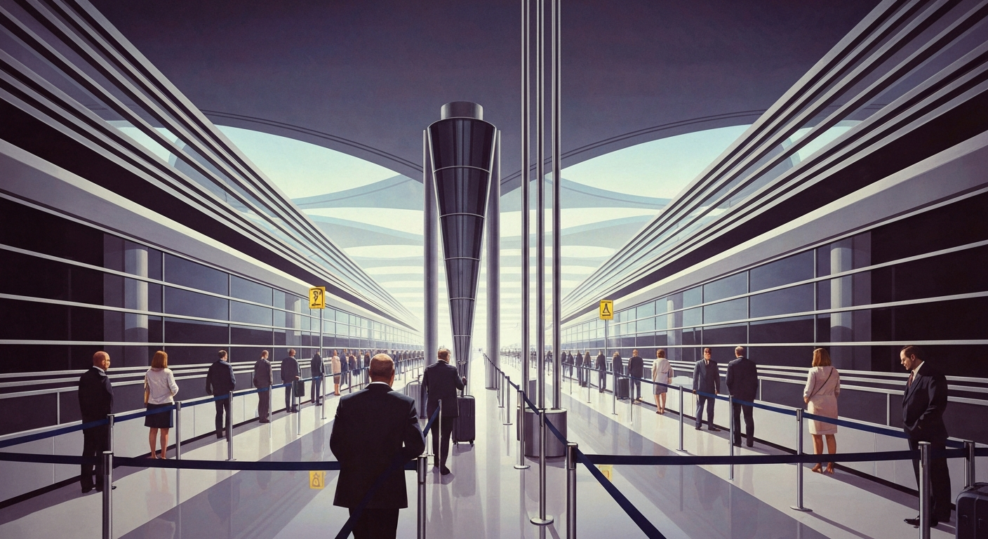 A highly stylized, geometric illustration depicting the towering scale of an airport terminal, with sweeping gradients of grays and blues conveying the frustration and tension of long security lines.