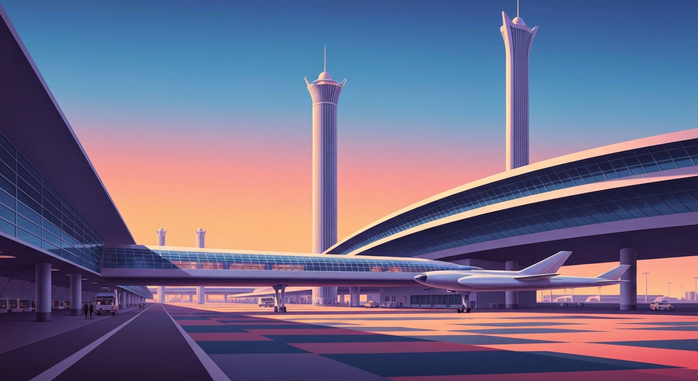 A bold, geometric illustration depicting the towering architecture of an airport terminal, with smooth airbrushed gradients in shades of blue and gray creating a sense of scale and movement. The image captures the romance and monumentality of modern travel without any literal depiction of people or text.