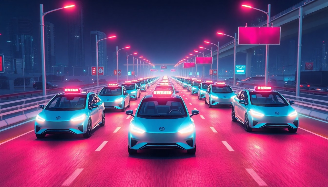 A highly detailed, glowing 3D illustration of several Baidu Apollo Go robotaxis stranded on an elevated urban expressway, with neon cyan and magenta lights illuminating the vehicles and surrounding infrastructure, conceptually representing the technical failures and safety concerns raised by this incident.