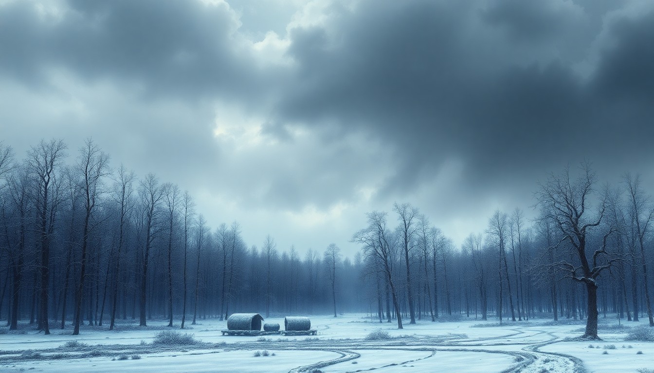 A sweeping, atmospheric landscape painting in muted tones of gray, blue, and white, depicting a frozen forest under a heavy, overcast sky. The bare, skeletal trees are dwarfed by the oppressive, overwhelming scale of the natural scene, conveying the sublime power of the impending winter storm.