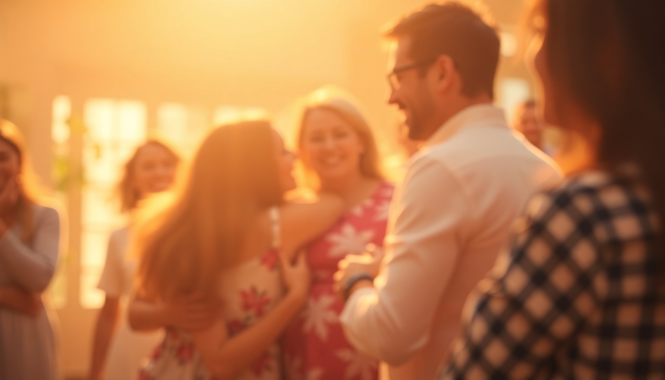 An abstract, impressionistic photograph in soft, warm tones depicting a blurred family gathering, conveying the spirit of community and celebration that defined James Raymond Dawson's life.