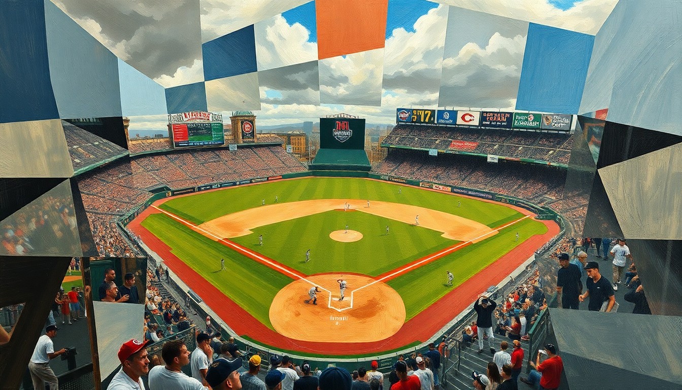 A cubist, geometric painting depicting a baseball game broken down into overlapping planes of color and shape, conveying the complexity and fragmentation of the new automated ball-strike challenge system.