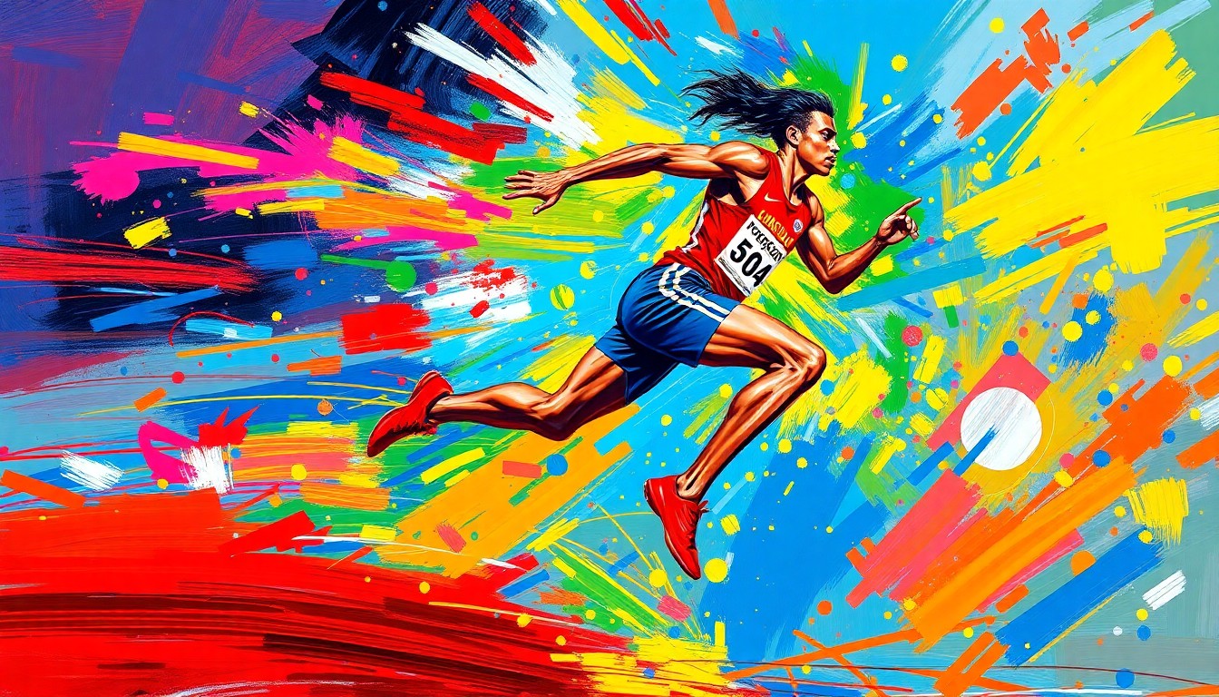 An abstract, energetic painting with vibrant neon brushstrokes depicting the dynamic motion of a high-jumping track and field athlete.