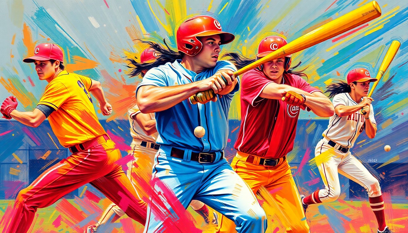 An abstract, expressionistic painting in neon colors depicting the dynamic movement and energy of high school baseball and softball players, without any identifiable faces or logos.