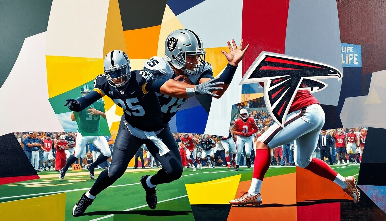 A fragmented, geometric painting depicting a football player in motion, with sharp planes of silver, black, and red representing the Raiders' colors and the dynamic nature of the quarterback position.