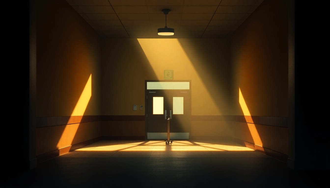 A serene, nostalgic painting of an empty hospital entrance shrouded in warm, dramatic lighting, conveying a sense of quiet contemplation about the future of veteran healthcare facilities.