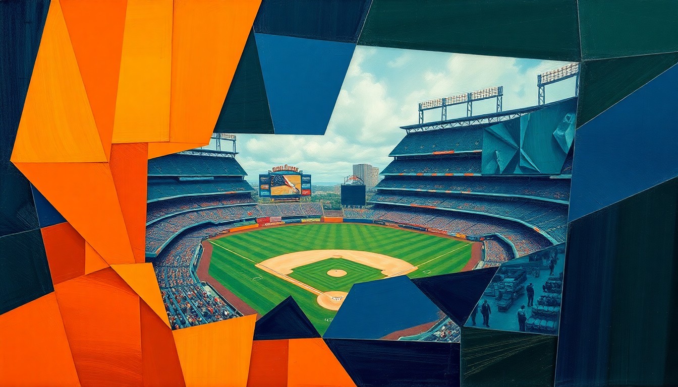 A fragmented, geometric painting depicting a baseball stadium and game action broken down into overlapping planes of navy, green, and orange, conveying the disruption caused by the power outage.