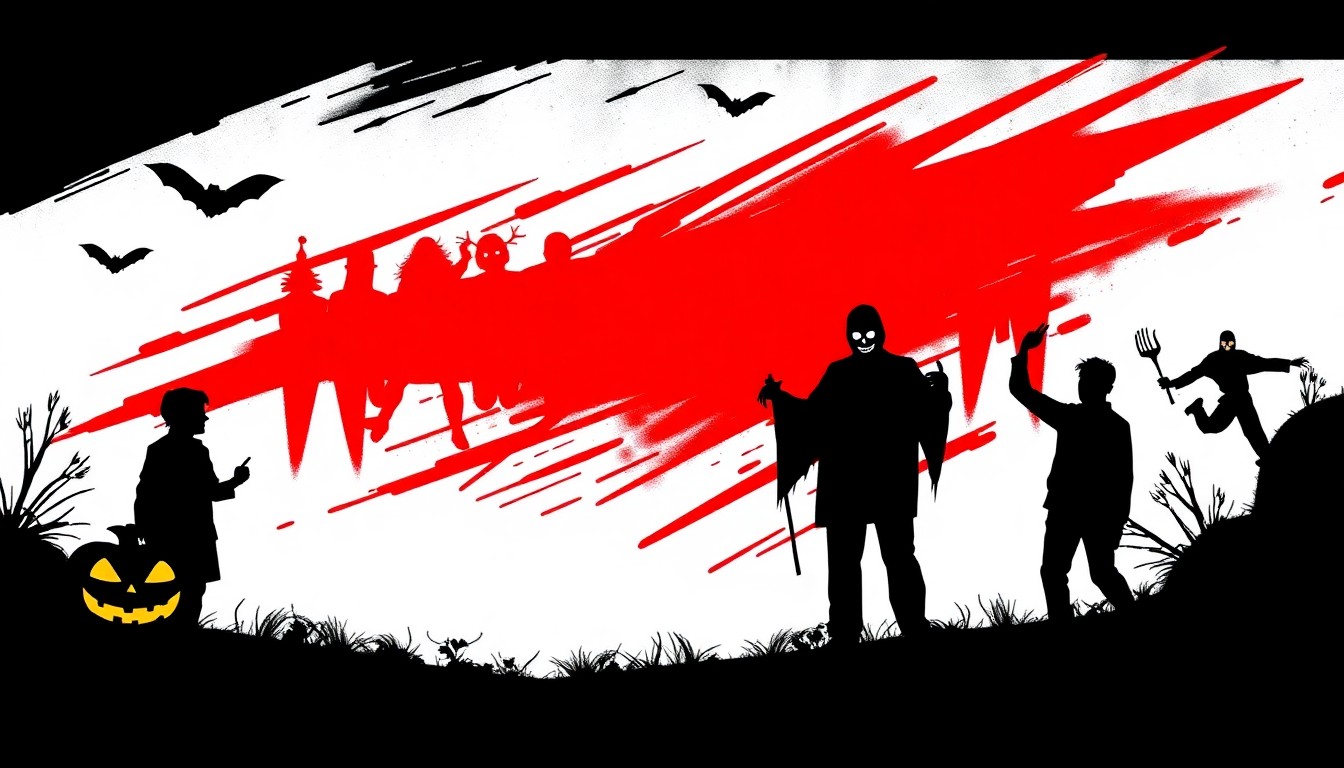 A dramatic black silhouette of a costumed scareactor against a vibrant red background, conceptually representing the thrilling energy and production value of Universal's Halloween event.