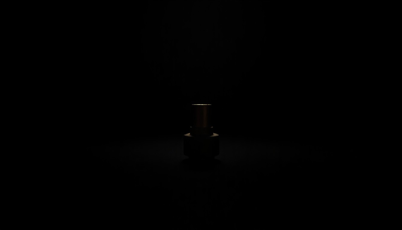 An extreme close-up photograph of a single spent bullet casing on a pitch-black background, lit by a harsh, direct camera flash, creating a gritty, investigative aesthetic.