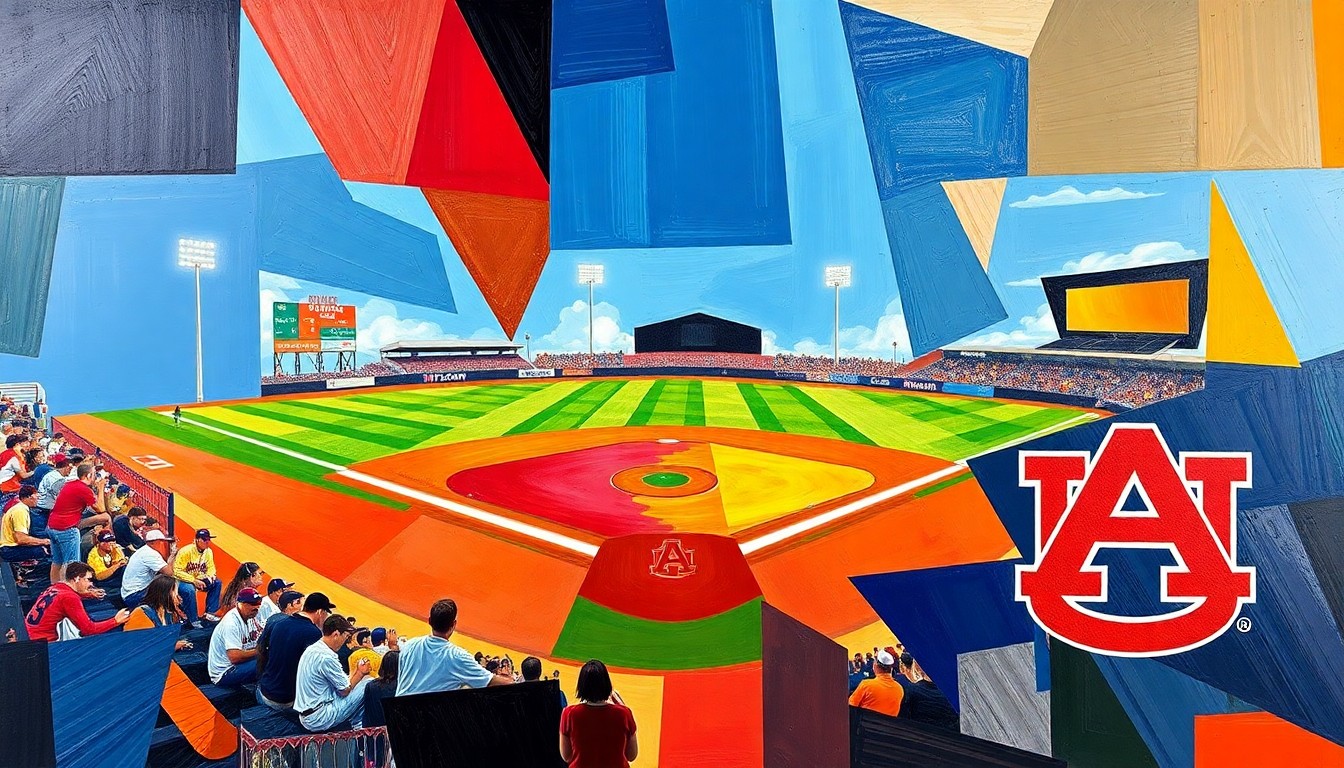 A cubist, geometric painting depicting the action of a college softball game, with the players and field broken down into sharp, overlapping planes of color representing the team uniforms of Arkansas and Auburn.