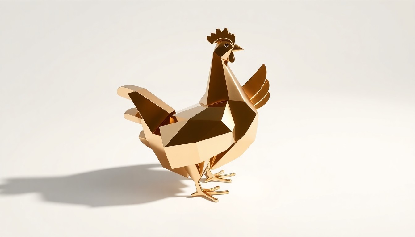 A highly detailed, photorealistic studio photograph of a polished metal sculpture in the shape of a chicken, resting on a clean white background and dramatically lit to convey a sense of the Slim Chickens brand's premium quality and strategic growth.