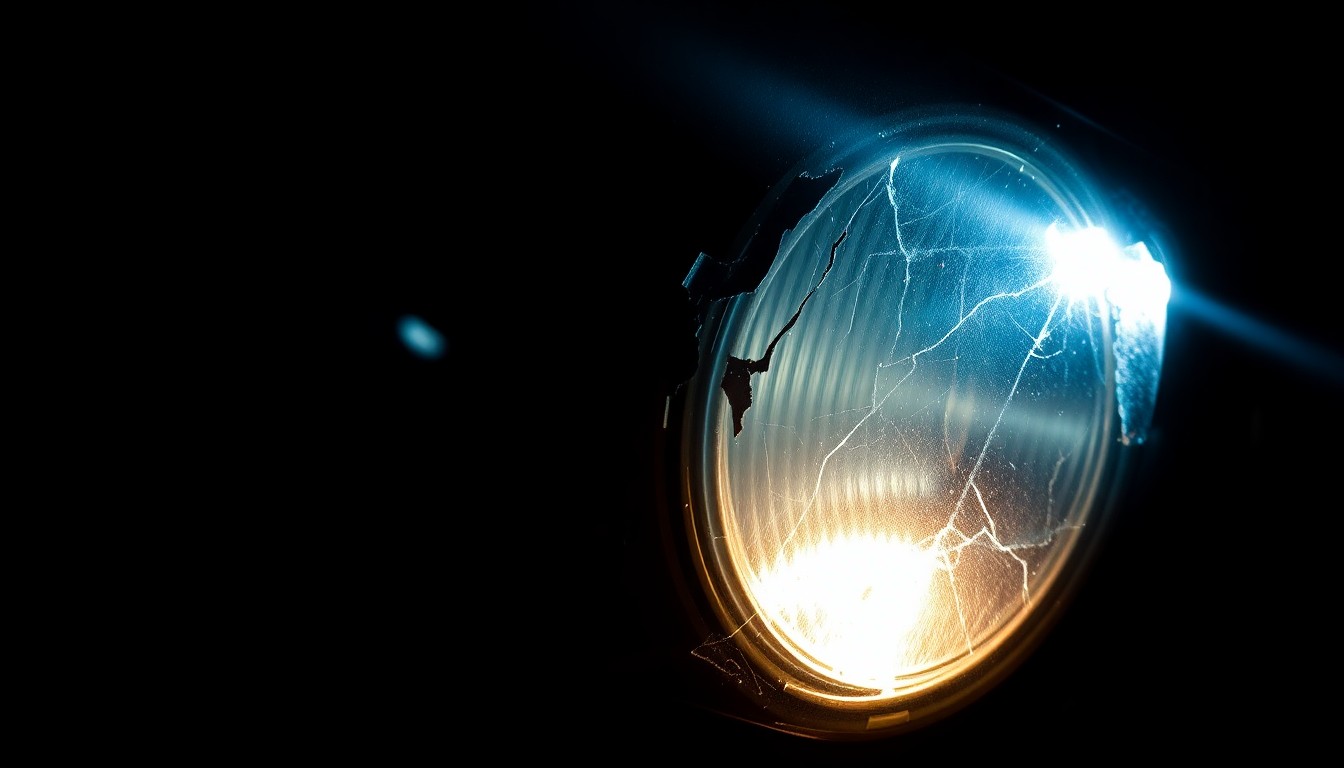 An extreme close-up photograph of a damaged car part, such as a broken side mirror or cracked headlight lens, lit by a harsh, direct camera flash against a pitch-black background, conveying the stark, gritty aftermath of a rural car crash.