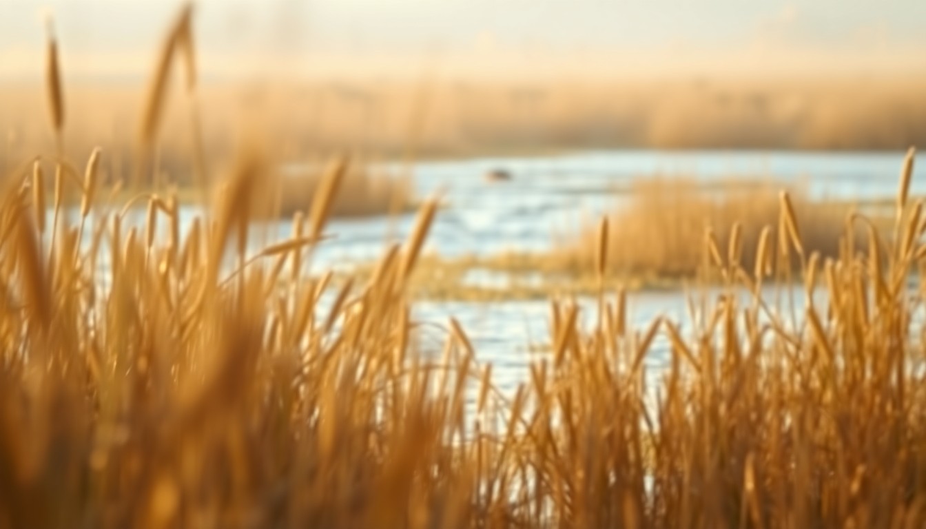 A dreamy, out-of-focus photograph of a wetland landscape, with blurred reeds, water, and a hint of wildlife in the distance, captured in warm, golden light to convey a sense of serenity and the importance of environmental conservation.