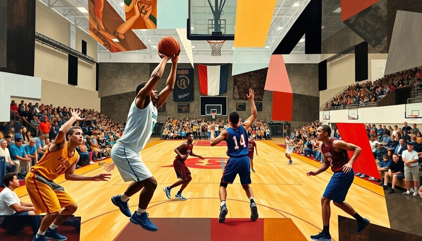 A cubist, geometric painting depicting the abstract forms of basketball players in motion, with the court and crowd blending into the background in a fractured, multi-perspective composition.