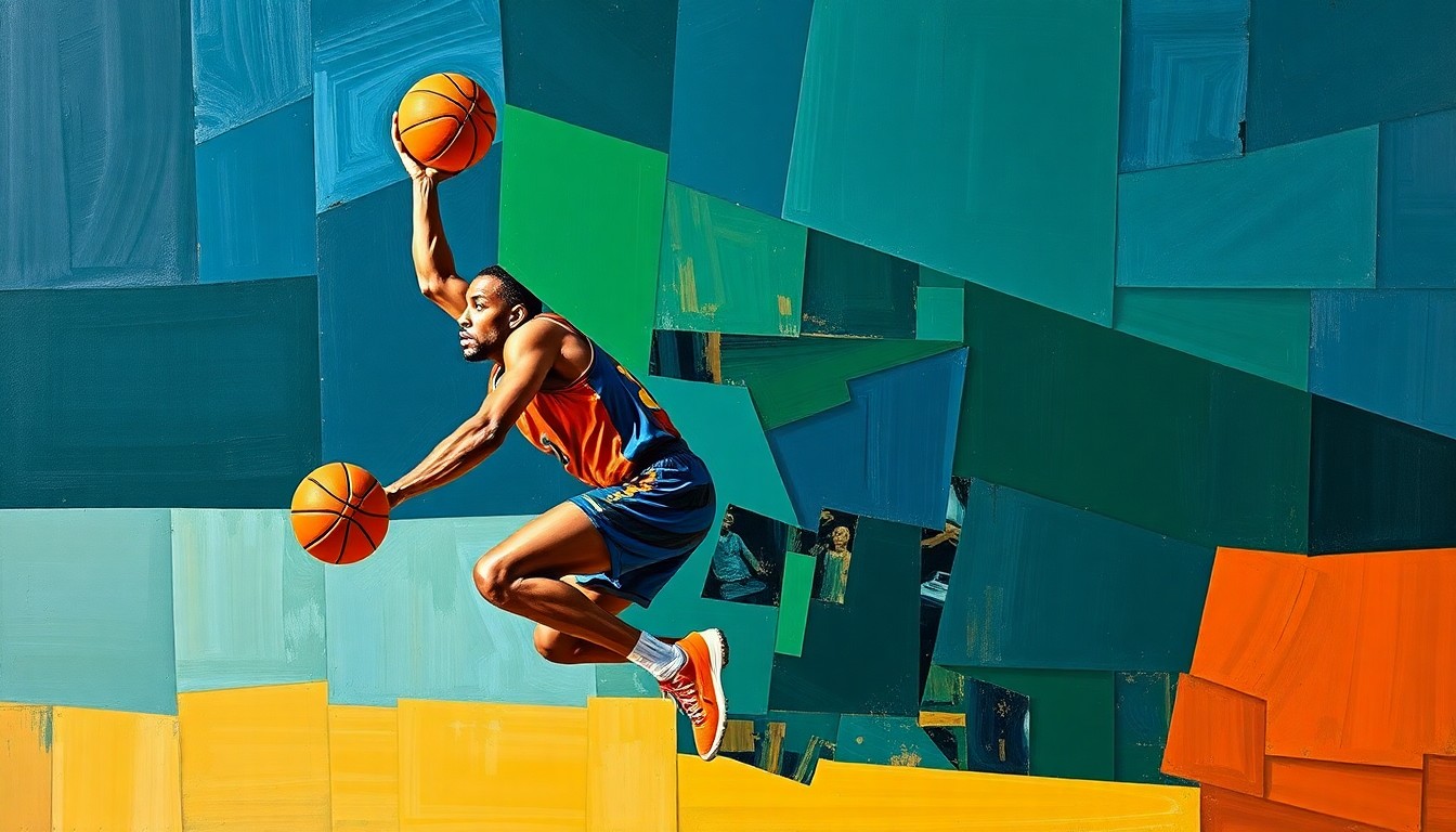 A fragmented, geometric painting depicting a basketball player in mid-motion, with sharp planes of navy, green, and orange overlapping to create a dynamic, abstract representation of the player's injury struggles.
