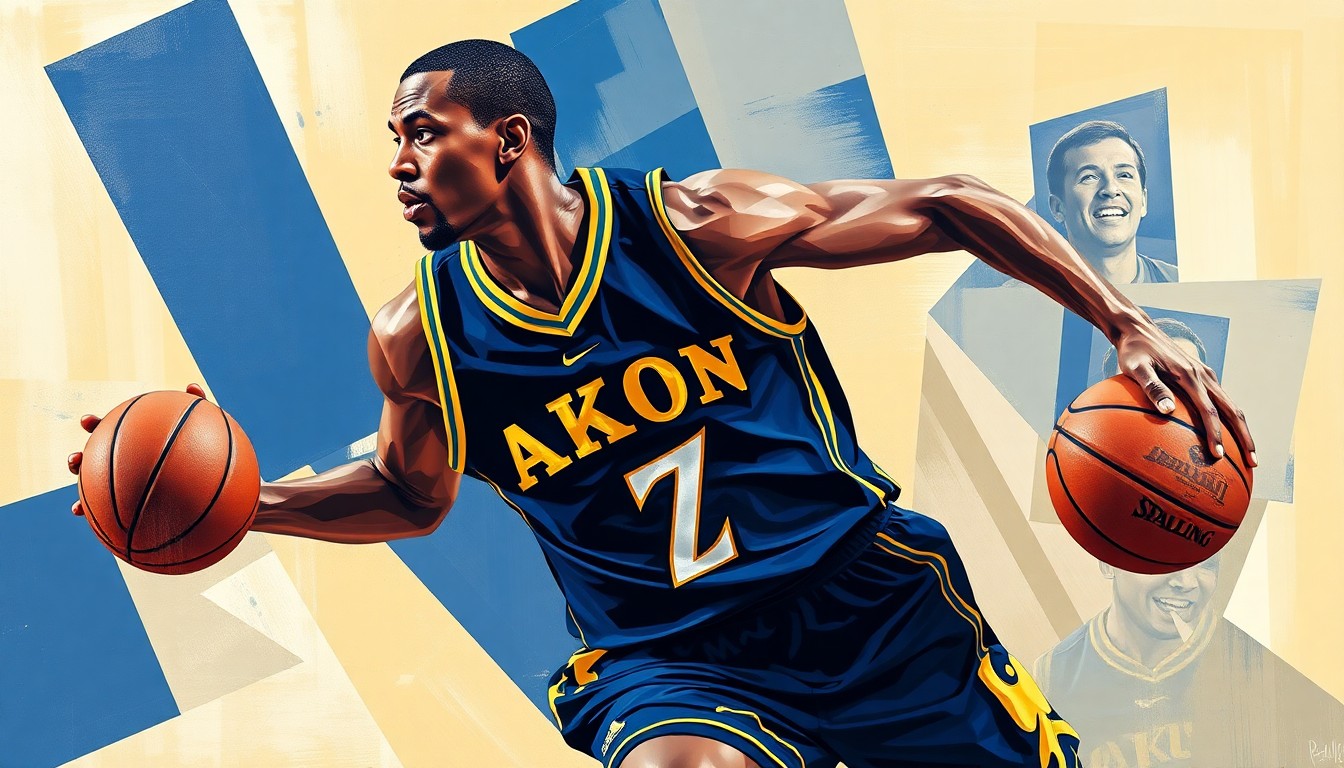 A cubist, geometric painting depicting a basketball player in motion, with their body fractured into overlapping planes of navy blue and gold, the colors of the Akron Zips.