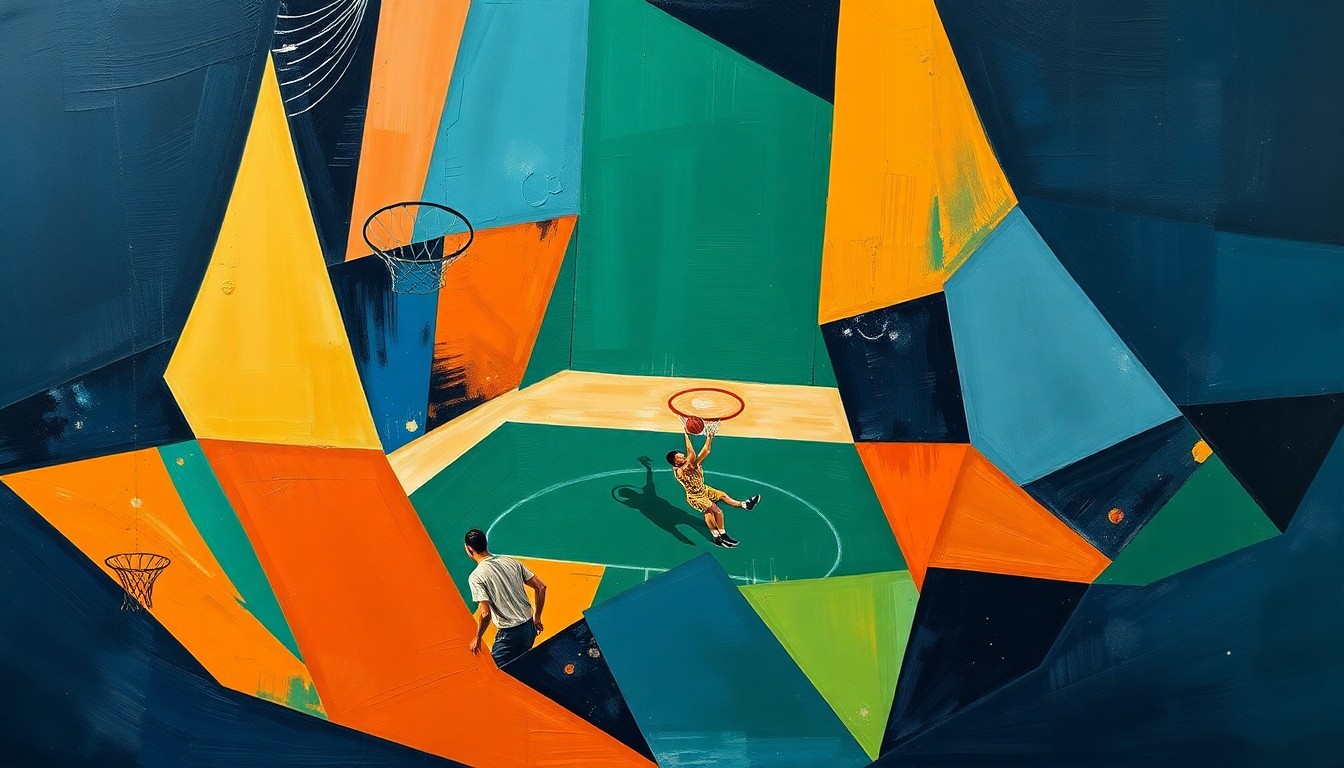 A cubist, geometric painting depicting a basketball game broken down into overlapping planes of navy, green, and orange, conveying the dynamic energy and tension of the Slicers' comeback win.