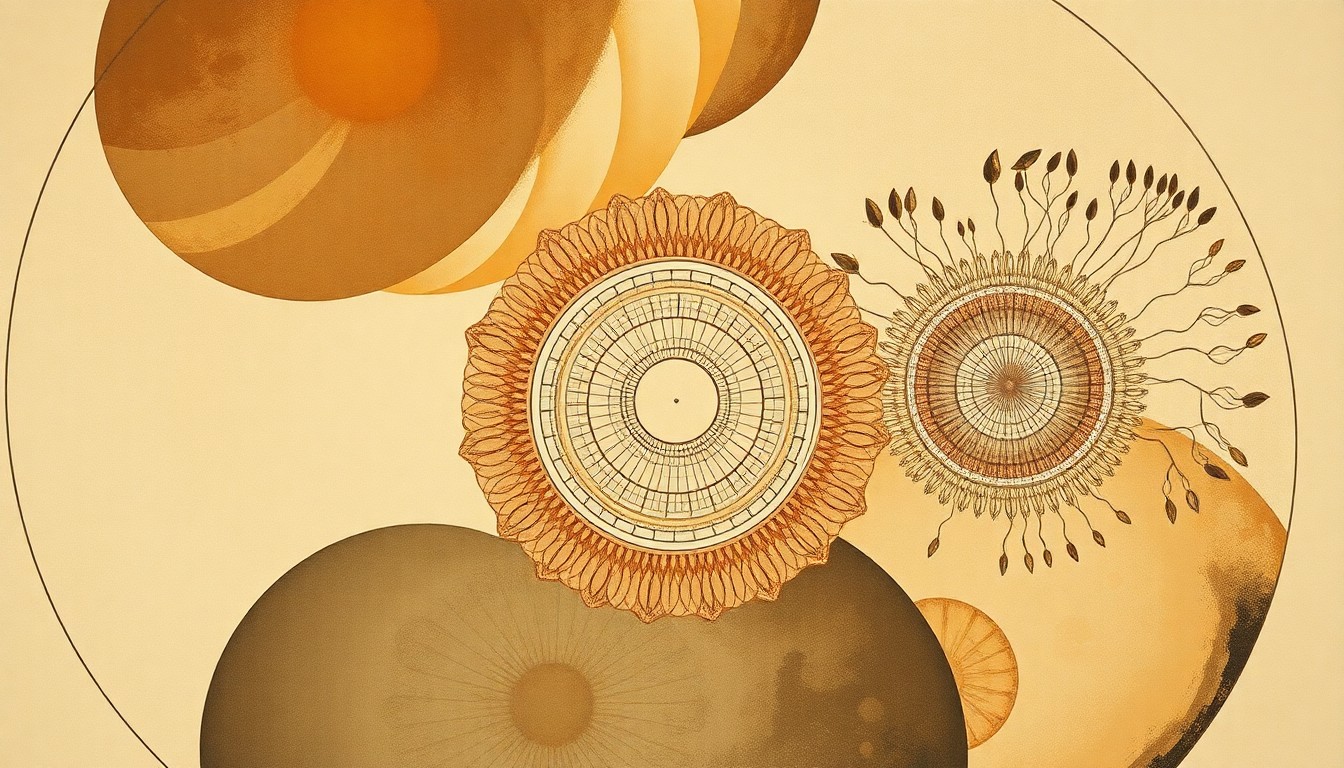 A highly structured abstract painting in muted earth tones, featuring sweeping geometric arcs, concentric circular patterns, and precise botanical spirals, conveying the complex natural order of biological systems involved in human reproductive development and infertility.