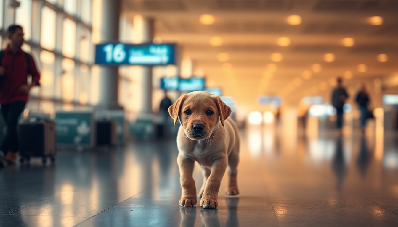 An extremely abstracted, out-of-focus photograph of a small Labrador puppy wandering alone through a dimly lit airport terminal, with soft pools of warm yellow, orange, and blue light creating a melancholy and isolating atmosphere around the lost animal.