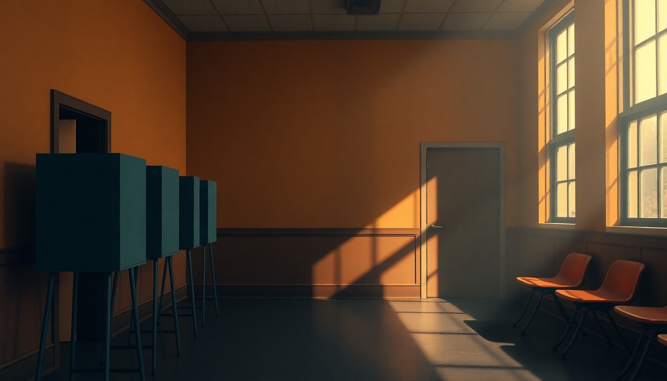 A dimly lit, cinematic painting of an empty voting booth in a government office, with warm sunlight streaming through the window and deep shadows cast across the room, conveying a sense of quiet contemplation around the electoral process.