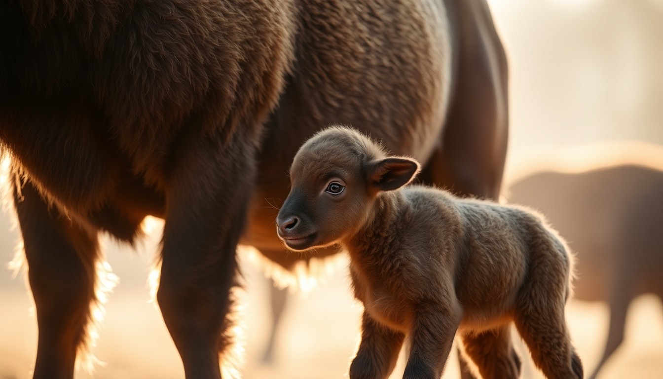 An extremely abstracted, out-of-focus photograph of a newborn bison calf nursing from its mother, with their forms barely visible through a warm, hazy glow of natural light, conceptually representing the start of the calving season at Custer State Park.