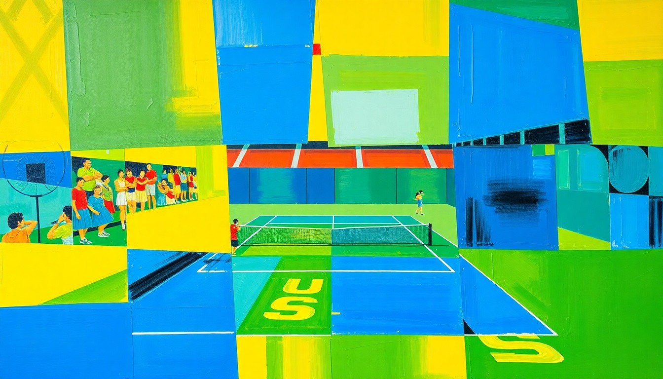 A cubist, geometric painting depicting a college tennis match, with sharp, overlapping planes of bright blue, green, and yellow representing the dynamic action on the court.
