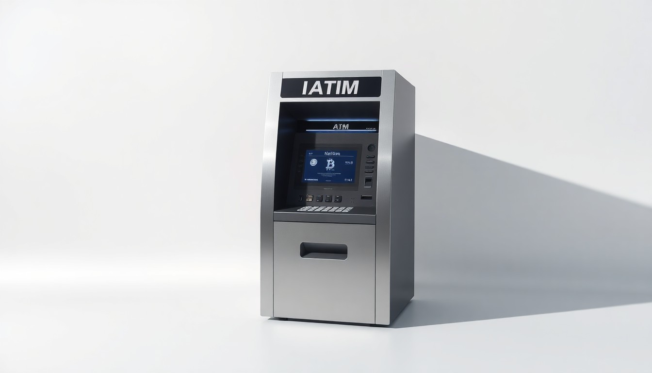 A photorealistic studio still-life of a sleek, modern Bitcoin ATM machine made of brushed metal and glass, resting on a clean white background and dramatically lit to convey a sense of corporate sophistication and technology.