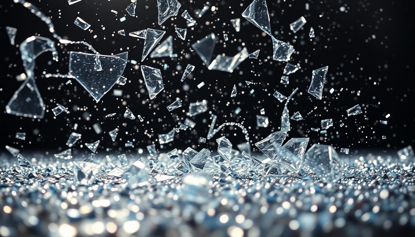 An abstract close-up photograph featuring shattered glass and glittering sequins in high-contrast studio lighting, conveying the disruption and disappointment of a canceled concert through dramatic textures and lighting.
