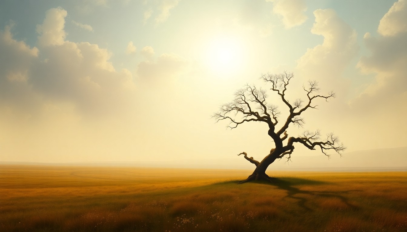 A sweeping, atmospheric landscape painting in muted earth tones, with a lone, twisted tree in the foreground dwarfed by the vast, hazy expanse of the natural environment, conceptually representing the sublime power of nature during a period of drought.