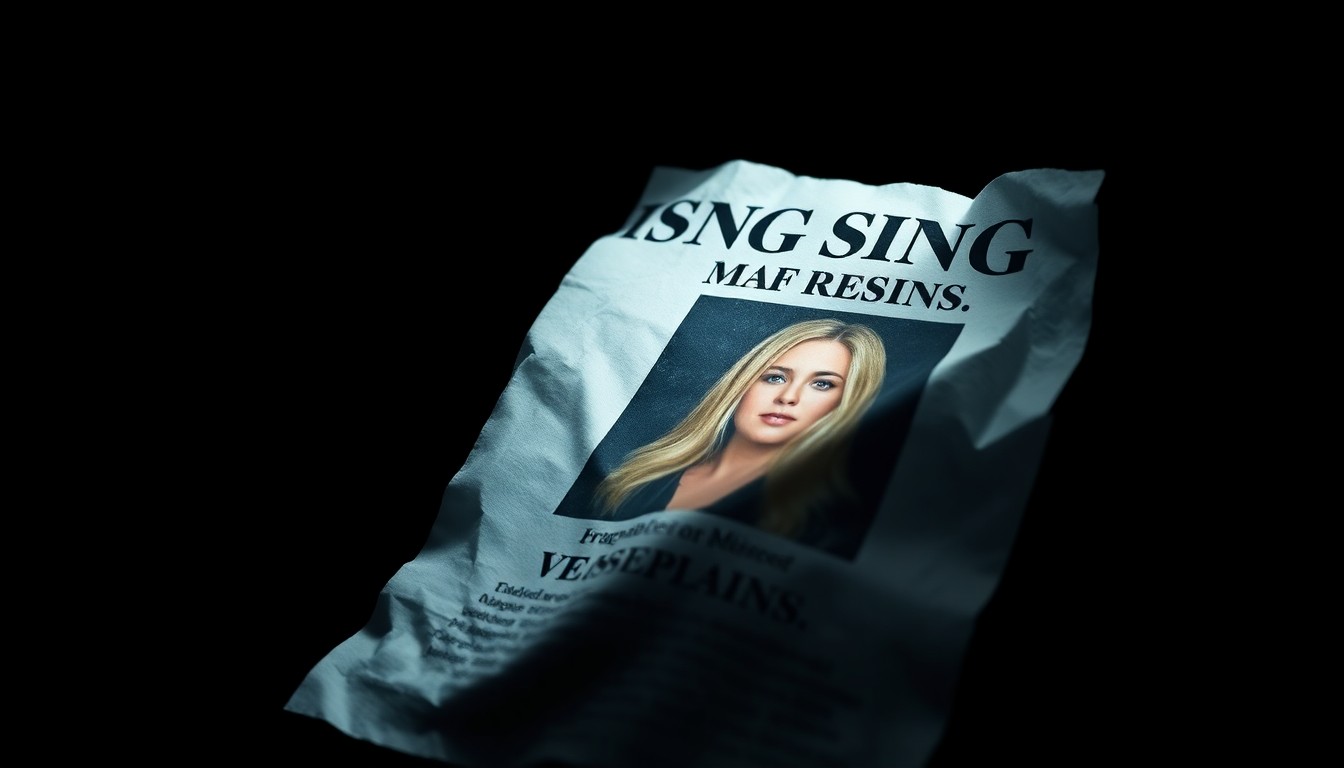 An extreme close-up photograph of a crumpled missing persons flyer with a young woman's photo, conveying the urgency and gritty investigation surrounding her disappearance.