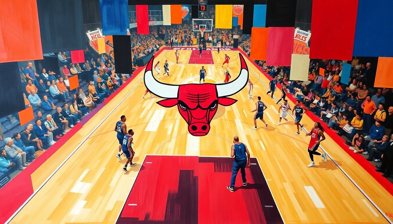 A fragmented, geometric painting depicting the action of a basketball game, with sharp planes of color representing the players and court, conveying the competitive energy of the Eastern Conference clash.