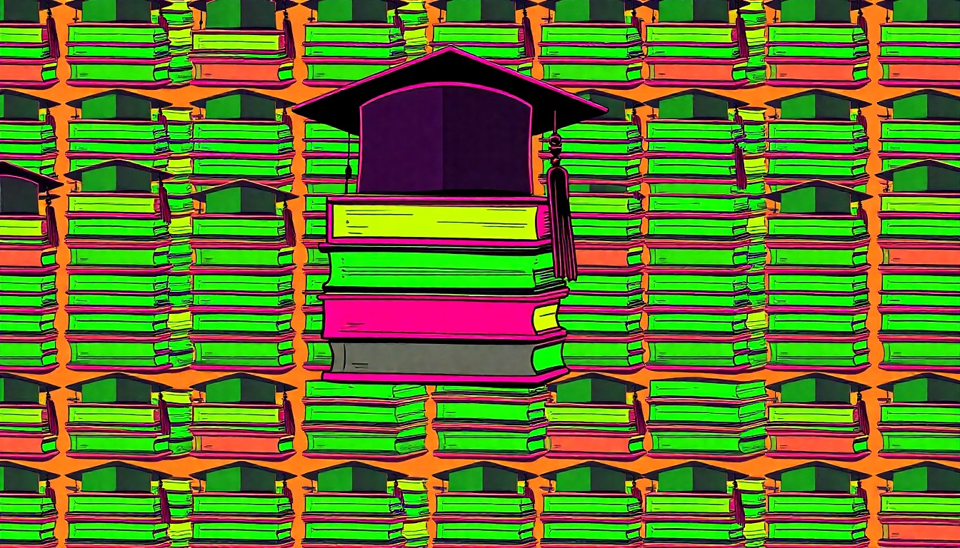 A brightly colored, high-contrast silkscreen print of a stack of textbooks and a graduation cap repeated in a tight grid pattern, capturing the celebratory spirit of students earning college-level credentials in high school.