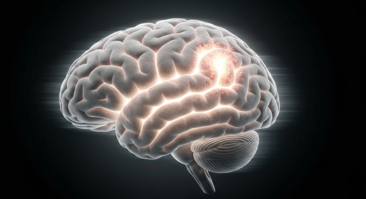 A translucent, ghostly X-ray image of a human brain, with the areas affected by Parkinson's disease glowing in a soft, ethereal light, conceptually illustrating the neurological impact of the disease.