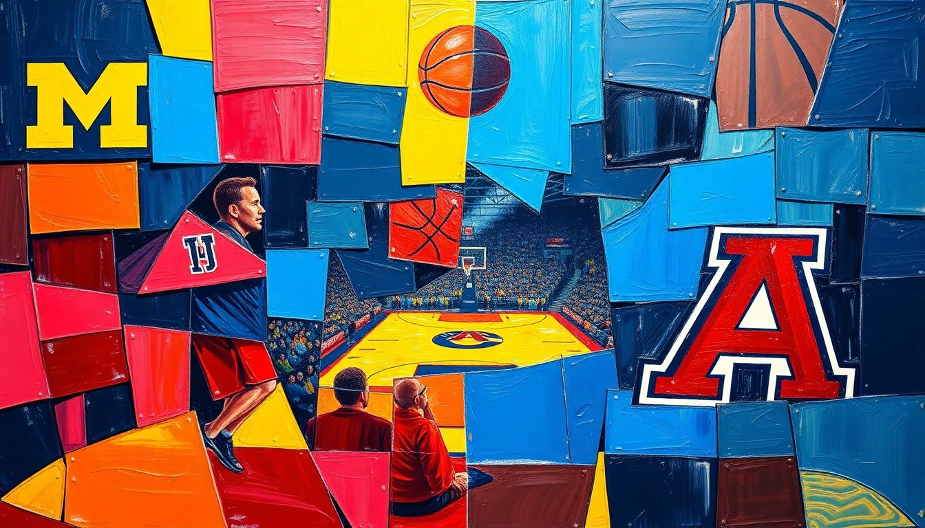 A cubist, geometric painting depicting the action of a college basketball game, with the players and court fragmented into overlapping planes of vibrant blue, maize, red, and navy blue colors.