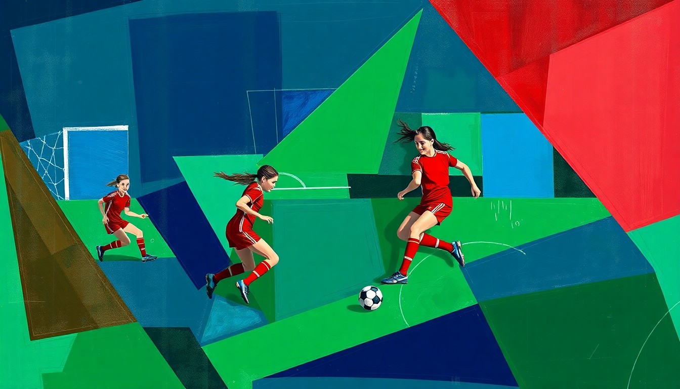 A fractured, multi-perspective painting depicting a girls soccer match or practice, with sharp, overlapping geometric planes in navy blue, forest green, and crimson red, conveying the dynamic energy and team connection of the Dighton-Rehoboth program.