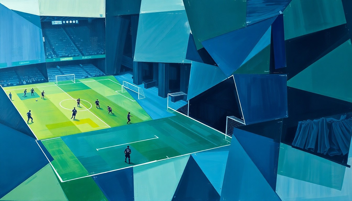 A cubist-style painting depicting a fragmented soccer match or training session, with players and the field broken down into sharp, overlapping geometric shapes in a muted color palette, conveying the conceptual idea of a team's defensive strategy being deconstructed and rebuilt.