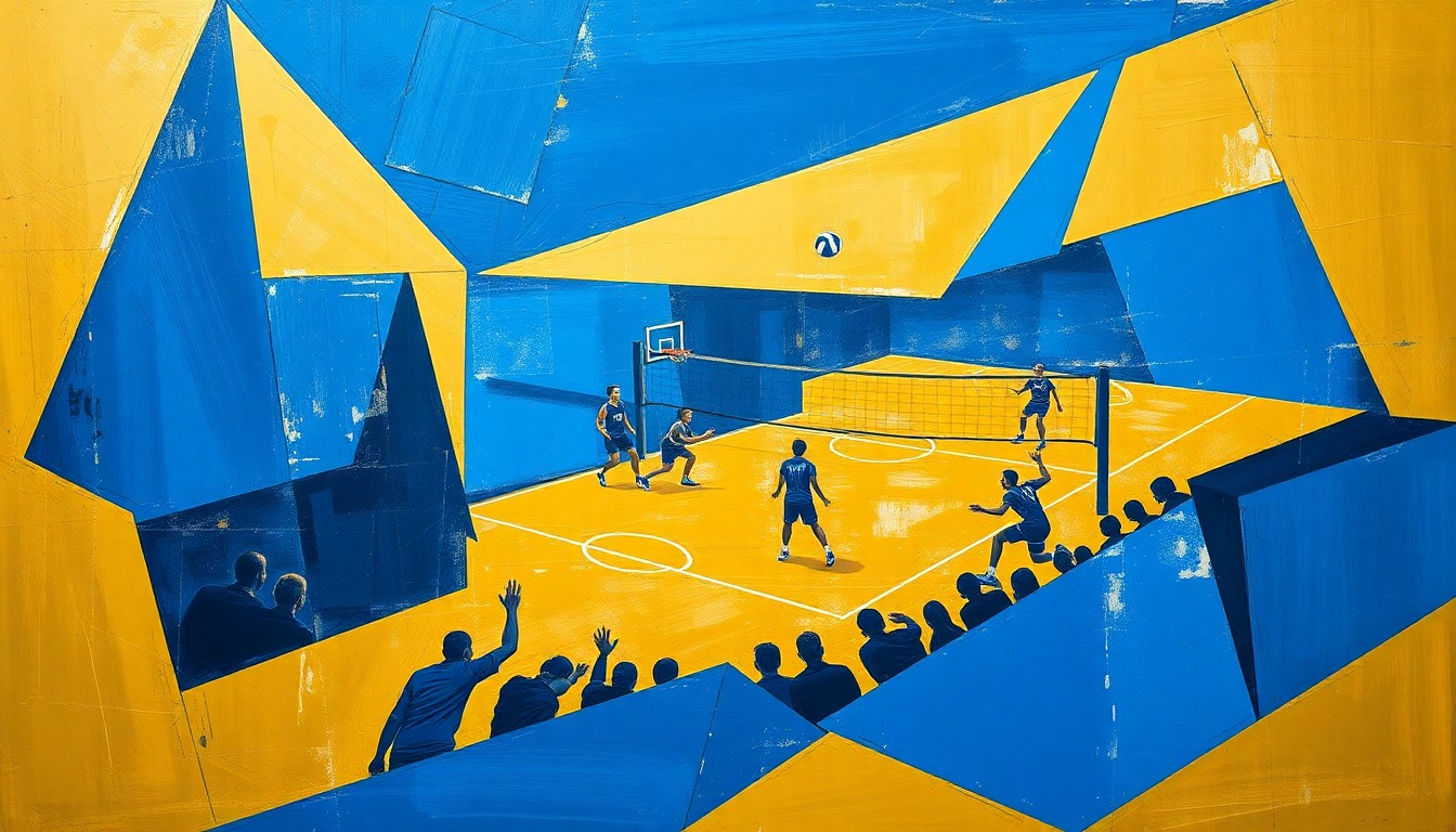 A fragmented, geometric painting depicting a volleyball match, with sharp planes of royal blue, gold, and white representing the dynamic action on the court.