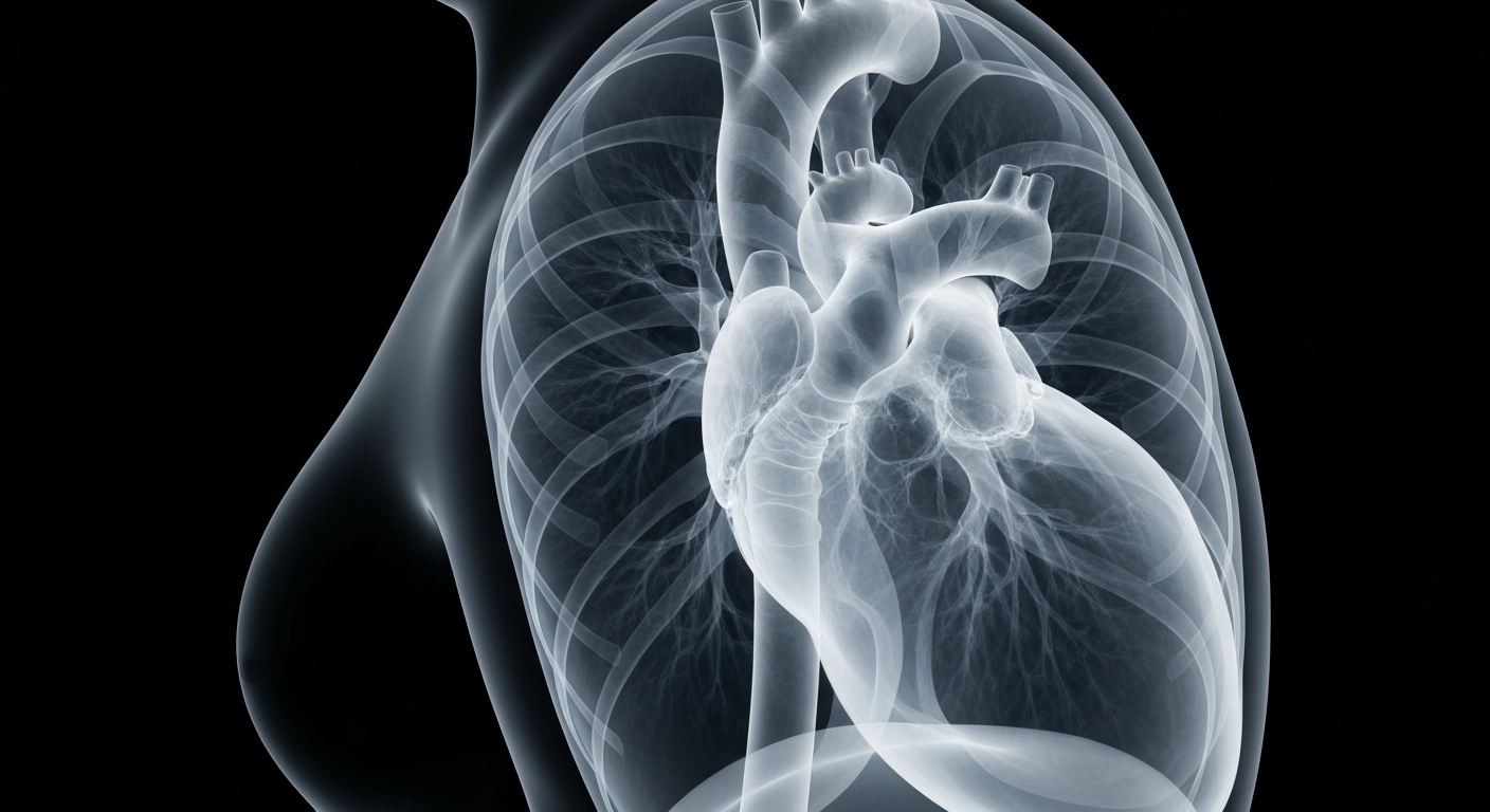 An extreme close-up X-ray photograph revealing the intricate structures of the human heart and lungs, glowing ghostly against a dark background, conceptually representing the complex healthcare needs of retirees with serious medical conditions.